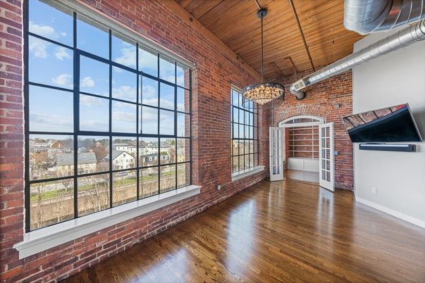 Chandelier, Empty room, Interior, Pendant Lights, Stone Walls, Wooden Ceilings, Wood Texture Flooring