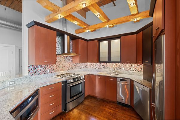 Interior, Kitchen, Stainless Steel Appliances, Wooden Beams, Wood Texture Flooring