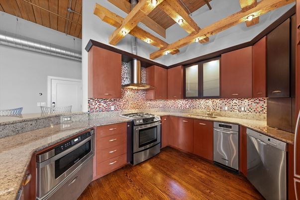 Interior, Kitchen, Stainless Steel Appliances, Wooden Beams, Wood Texture Flooring