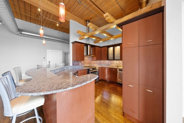 Interior, Kitchen, Pendant Lights, Stainless Steel Appliances, Wooden Beams, Wooden Ceilings, Wood Texture Flooring