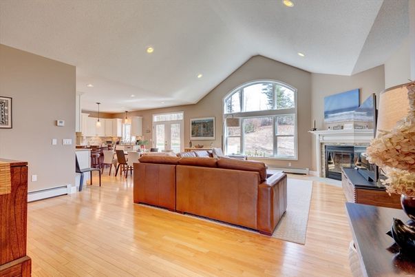 Dining room, Fireplace, Interior, Kitchen, Living room, Pendant Lights, Recessed Lighting, Wood Texture Flooring