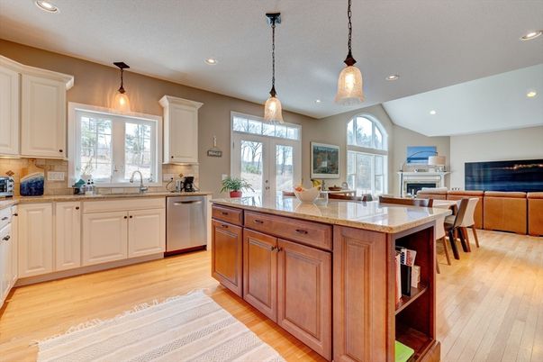 Fireplace, Interior, Kitchen, Pendant Lights, Recessed Lighting, Stainless Steel Appliances, Wood Texture Flooring
