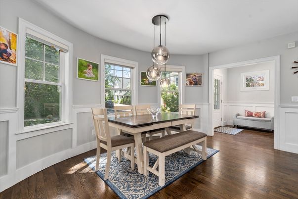 Dining room, Interior, Pendant Lights, Wood Texture Flooring