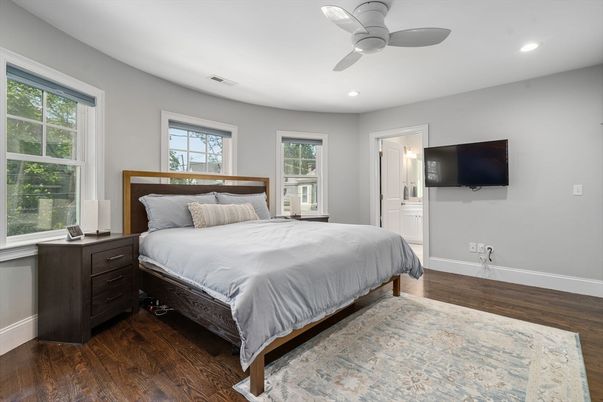 Bedroom, Interior, Recessed Lighting, Wood Texture Flooring