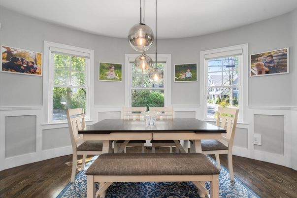 Dining room, Interior, Pendant Lights, Wood Texture Flooring