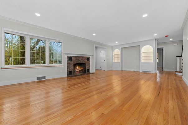 Empty room, Fireplace, Interior, Recessed Lighting, Wood Texture Flooring