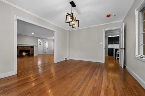 Empty room, Fireplace, Interior, Pendant Lights, Recessed Lighting, Wood Texture Flooring