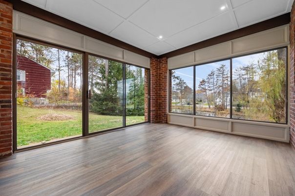 Empty room, Interior, Recessed Lighting, Stone Walls, Sun Room, Wood Texture Flooring