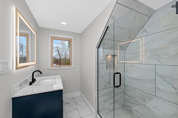 Bathroom, Glass Shower, Interior, Marble, Marble Walls, Recessed Lighting