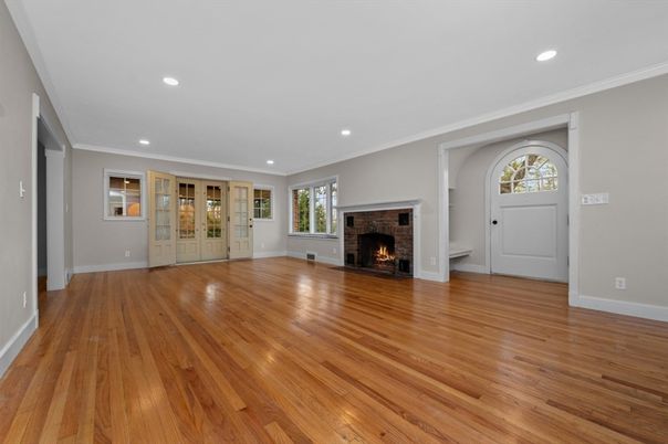Empty room, Fireplace, Interior, Recessed Lighting, Wood Texture Flooring