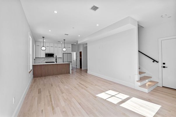 Interior, Kitchen, Pendant Lights, Recessed Lighting, Stainless Steel Appliances, Wood Texture Flooring
