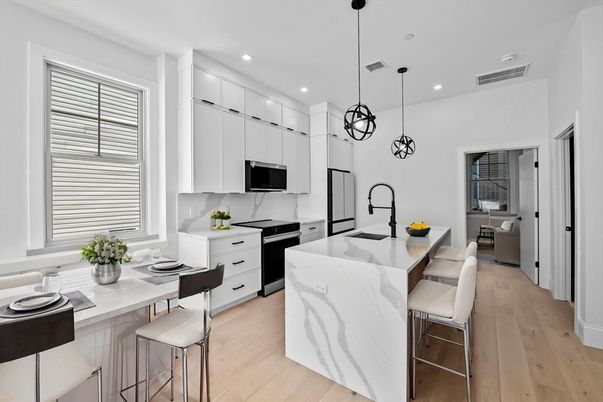 Interior, Kitchen, Pendant Lights, Recessed Lighting, Stainless Steel Appliances, Wood Texture Flooring