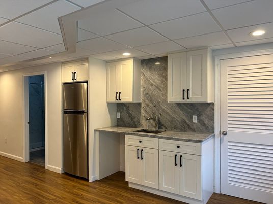 Interior, Kitchen, Recessed Lighting, Stainless Steel Appliances, Wood Texture Flooring