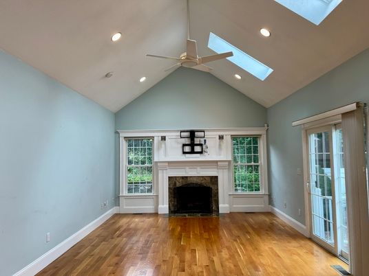 Empty room, Fireplace, Interior, Recessed Lighting, Wood Texture Flooring