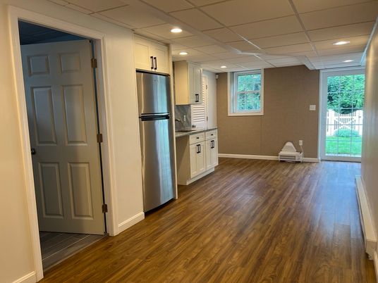 Interior, Kitchen, Recessed Lighting, Stainless Steel Appliances, Wood Texture Flooring