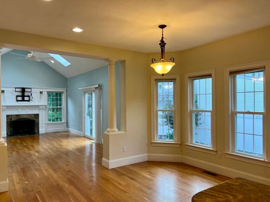 Empty room, Fireplace, Interior, Pendant Lights, Recessed Lighting, Wood Texture Flooring