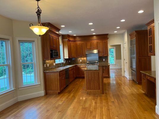 Interior, Kitchen, Pendant Lights, Recessed Lighting, Wood Texture Flooring