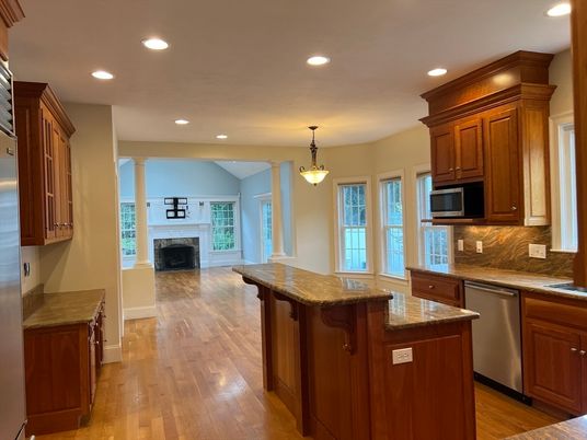 Fireplace, Interior, Kitchen, Pendant Lights, Recessed Lighting, Stainless Steel Appliances, Wood Texture Flooring
