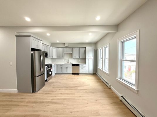 Interior, Kitchen, Recessed Lighting, Stainless Steel Appliances, Wood Texture Flooring
