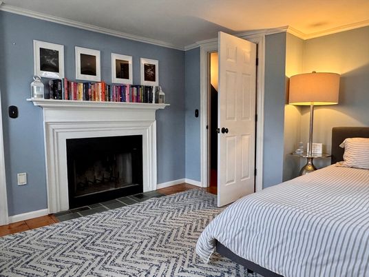 Bedroom, Fireplace, Interior, Wood Texture Flooring