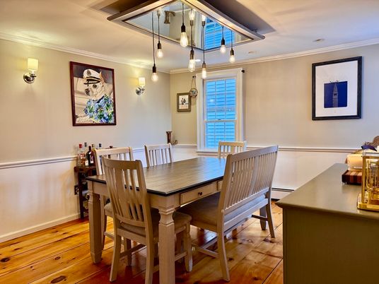 Dining room, Interior, Pendant Lights, Wood Texture Flooring