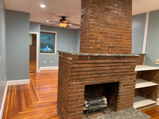 Fireplace, Interior, Recessed Lighting, Stone Walls, Wood Texture Flooring