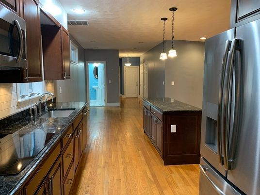 Interior, Kitchen, Pendant Lights, Recessed Lighting, Wood Texture Flooring