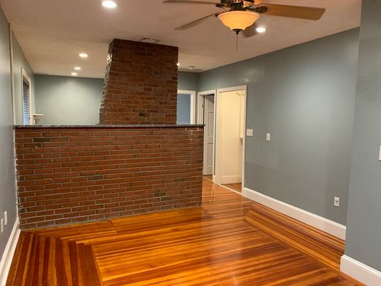 Empty room, Interior, Recessed Lighting, Stone Walls, Wood Texture Flooring