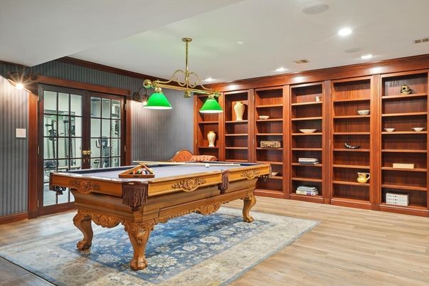 Billiard Table, Game Room, Interior, Pendant Lights, Recessed Lighting, Wood Texture Flooring