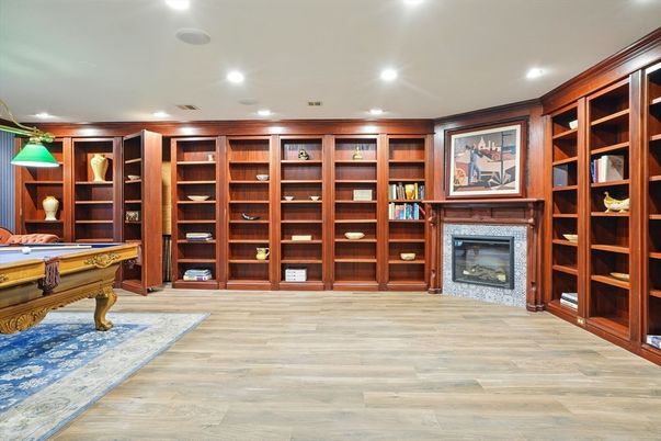 Billiard Table, Fireplace, Game Room, Interior, Pendant Lights, Recessed Lighting, Wood Texture Flooring