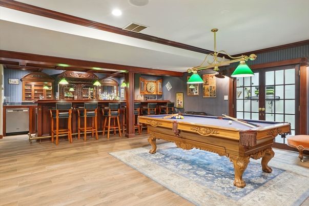 Billiard Table, Game Room, Interior, Pendant Lights, Recessed Lighting, Wood Texture Flooring