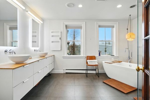 Bathroom, Dual Sink Vanities, Free Standing Baths, Interior, Pendant Lights, Recessed Lighting