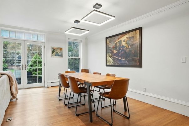 Dining room, Interior, Recessed Lighting, Wood Texture Flooring