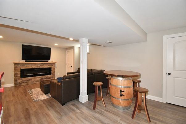 Fireplace, Interior, Living room, Recessed Lighting, Wood Texture Flooring