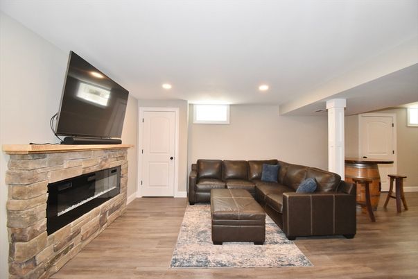 Fireplace, Interior, Living room, Recessed Lighting, Wood Texture Flooring
