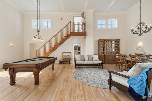 Billiard Table, Chandelier, Game Room, Interior, Pendant Lights, Wood Texture Flooring