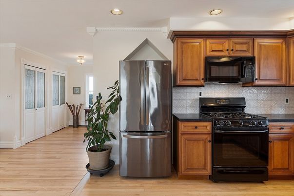Interior, Kitchen, Recessed Lighting, Stainless Steel Appliances, Wood Texture Flooring