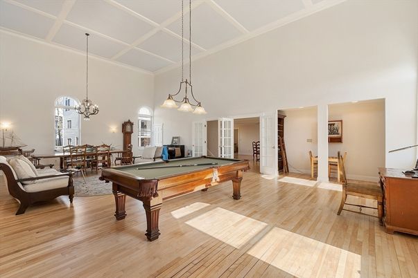 Billiard Table, Chandelier, Dining room, Game Room, Interior, Pendant Lights, Wood Texture Flooring
