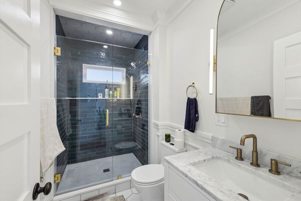 Bathroom, Glass Shower, Interior, Marble Walls, Recessed Lighting