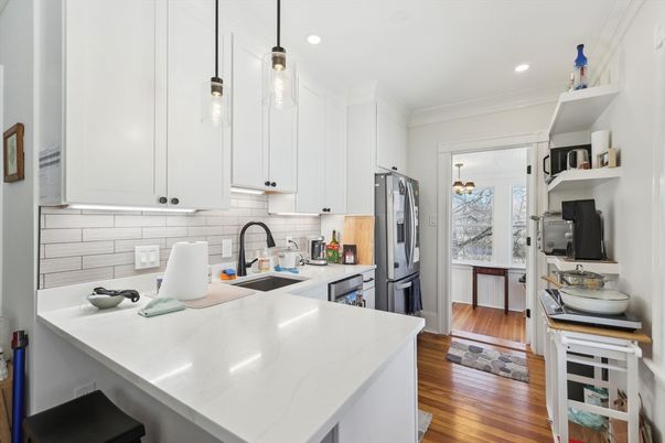Interior, Kitchen, Pendant Lights, Recessed Lighting, Wood Texture Flooring