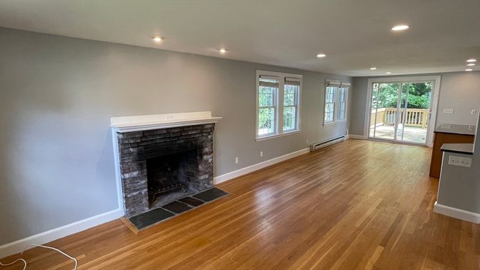 Empty room, Fireplace, Interior, Recessed Lighting, Wood Texture Flooring