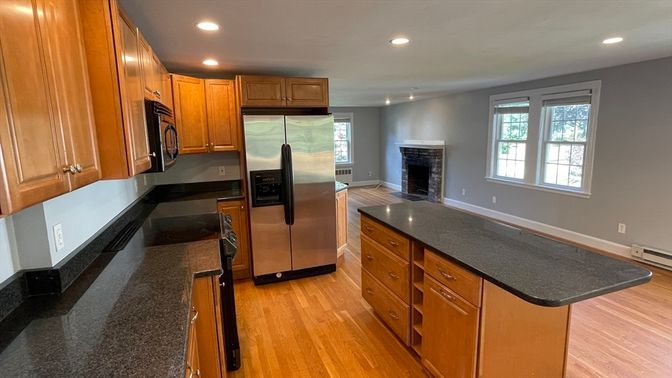 Fireplace, Interior, Kitchen, Recessed Lighting, Stainless Steel Appliances, Wood Texture Flooring