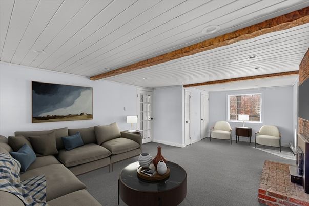 Fireplace, Interior, Living room, Recessed Lighting, Wooden Beams