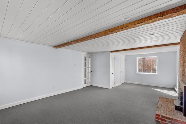 Empty room, Fireplace, Interior, Recessed Lighting, Wooden Beams