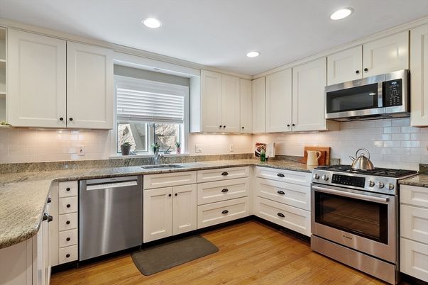 Interior, Kitchen, Recessed Lighting, Stainless Steel Appliances, Wood Texture Flooring