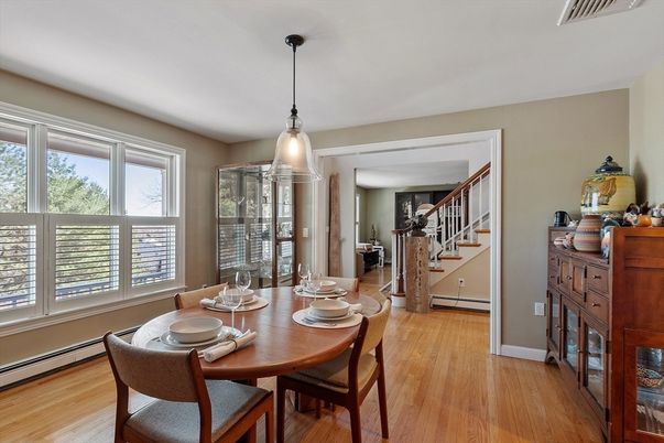 Dining room, Interior, Pendant Lights, Wood Texture Flooring