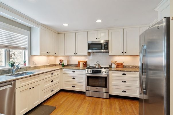 Interior, Kitchen, Recessed Lighting, Stainless Steel Appliances, Wood Texture Flooring