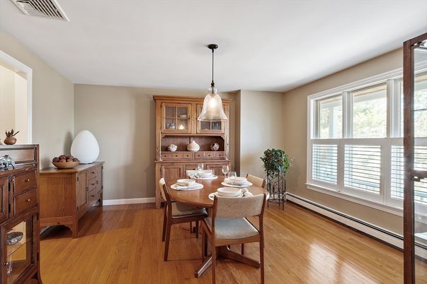 Dining room, Interior, Pendant Lights, Wood Texture Flooring