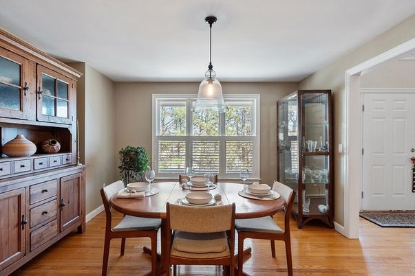 Dining room, Interior, Pendant Lights, Wood Texture Flooring