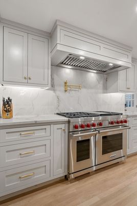 Interior, Kitchen, Marble Walls, Stainless Steel Appliances, Wood Texture Flooring